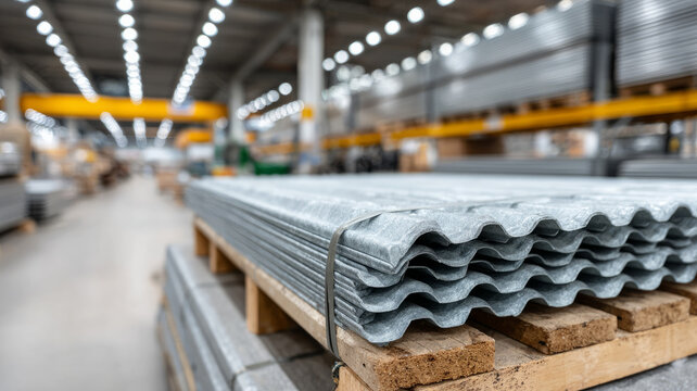 Corrugated metal sheets stacked in industrial warehouse setting.