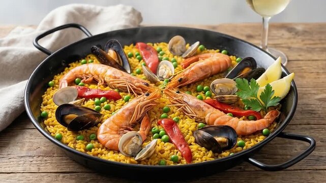 Paella de marisco con gambas, mejillones, almejas y guisantes servida en paellera negra sobre mesa r&uacute;stica con copa de vino blanco