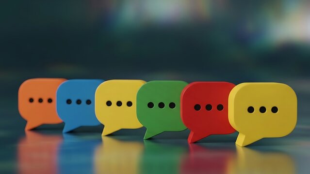 Six colorful speech bubbles in a row with three dots inside each chat bubble communication - Powered by Adobe