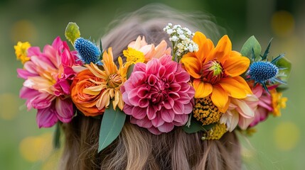Fototapeta premium Vibrant and Colorful Flower Crown Crafted with an Assortment of Garden Flowers Such as Daisies Sunflowers and Dahlias for an Earth Day Event
