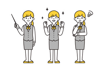 解説する・応援する・困る、ユニフォームを着た若い女性の全身ベクターイラスト素材セット