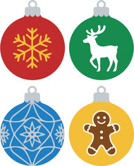 A set of four colorful flat-style Christmas ball ornaments featuring festive designs including a snowflake, reindeer, geometric pattern, and gingerbread man.
