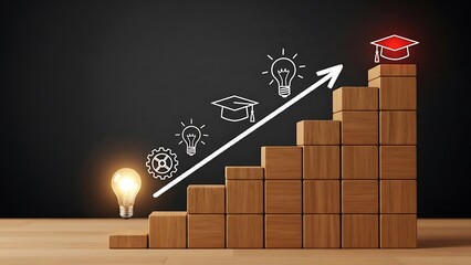 Wooden blocks stair with graduation cap light bulb and gear icons education learning