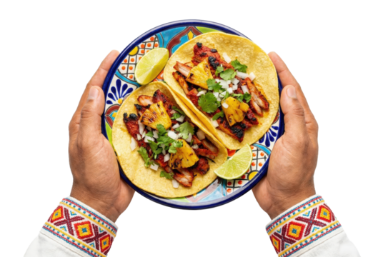 Hands holding plate with delicious tacos al pastor and lime on colorful background