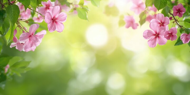 Early spring landscape with lush green meadow, flowing river, and budding trees, suitable for nature background design