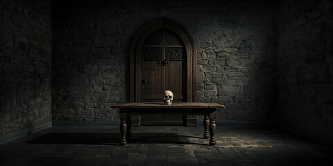 Mystical dark interior of medieval room with large wooden door and skull on table, suitable as Halloween background