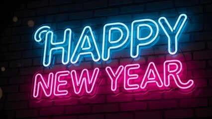 Illuminated 'Happy New Year' in Neon Lights Against a Brick Wall
