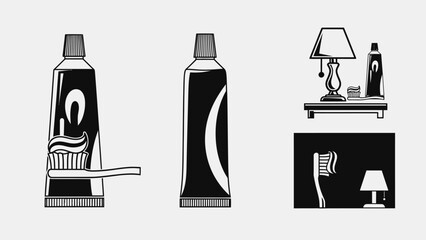 Toothpaste tubes and dental hygiene illustration with toothbrush and lamp