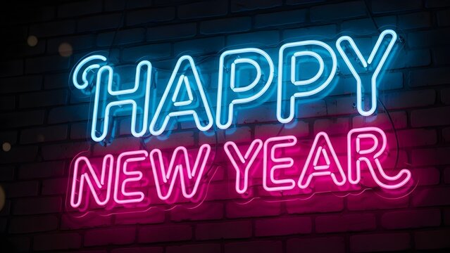 Illuminated 'Happy New Year' in Neon Lights Against a Brick Wall - Powered by Adobe