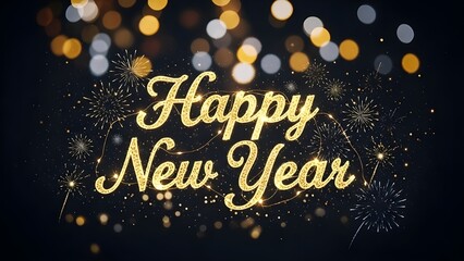 Happy New Year festive gold text design with bokeh effect and fireworks, a celebration greeting