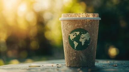 Close up shot of a biodegradable paper cup with an Earth Day logo printed on it symbolizing the importance of eco friendly and sustainable consumption choices