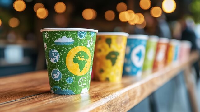 Close up view of a biodegradable paper or plant based cup featuring an Earth Day logo and design  The cup represents sustainability environmental protection