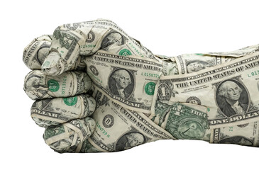 Powerful fist wrapped in american dollar bills symbolizing financial strength