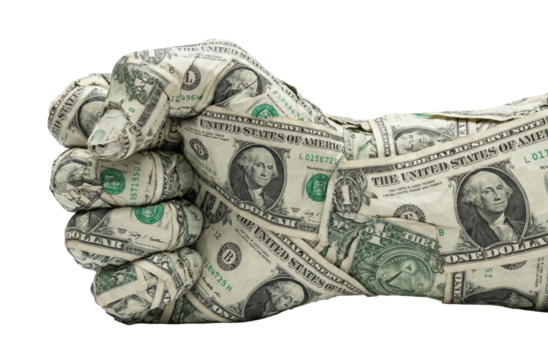 Powerful fist wrapped in american dollar bills symbolizing financial strength