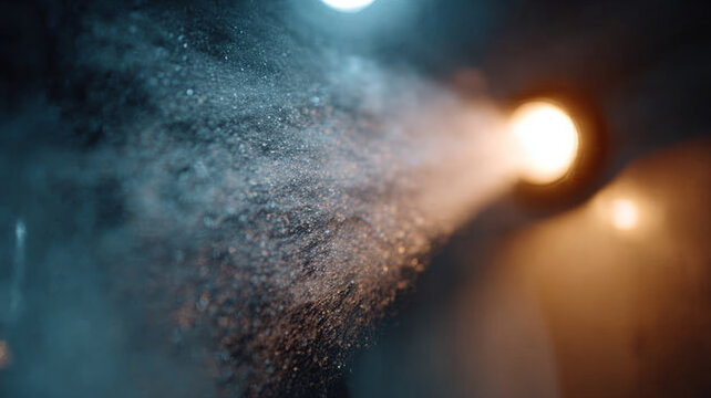 Dust particles illuminated by a spotlight in a dark space.
