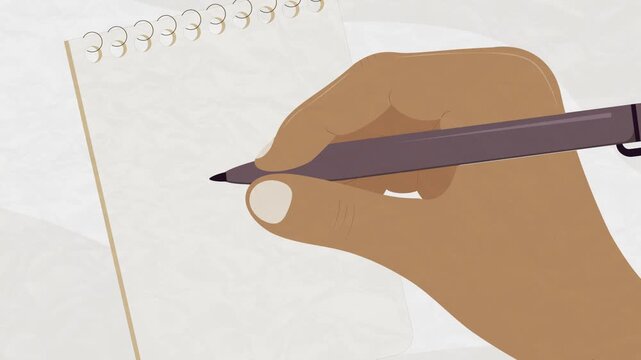 A blank, clean notebook page with handwritten text written in pen. Cartoon-style animation with vector drawings, template with space for your text