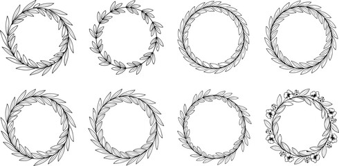 Botanical wreath icon set, black vector leaf and flower circles, decorative sketch design, nature motif illustration, seasonal artwork