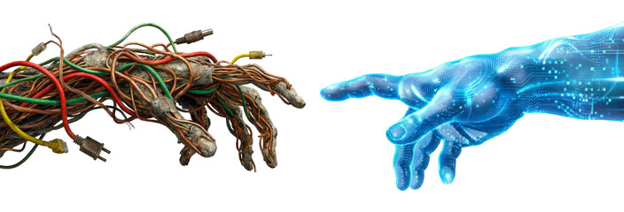 Old wire robot hand touching digital blue cyber hand concept of ai connection