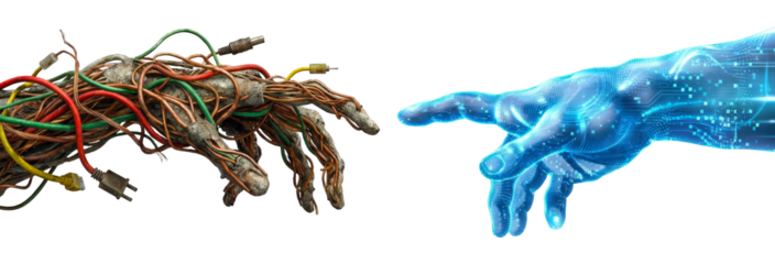 Old wire robot hand touching digital blue cyber hand concept of ai connection