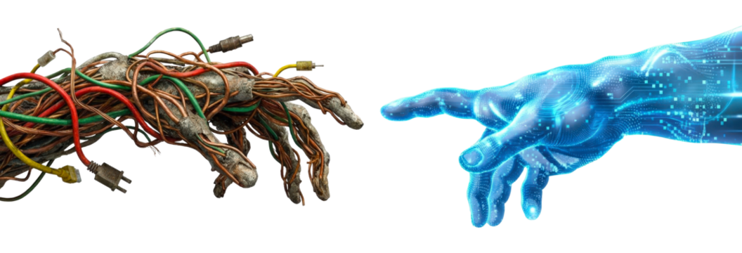 Old wire robot hand touching digital blue cyber hand concept of ai connection