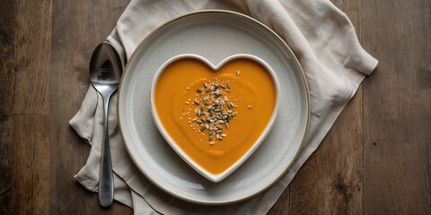 Pureed pumpkin soup with sesame seeds and pumpkin seeds served in a heart-shaped plate, emphasizing plant-based nutrition for health awareness