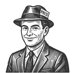 smiling male journalist wearing a press hat and suit, ideal for media, reporting, or news themes sketch engraving generative ai fictional character vector illustration. Scratch board. Black and white.