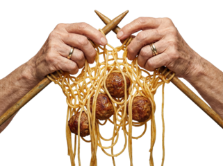 Elderly hands knitting spaghetti pasta and meatballs concept of homemade food