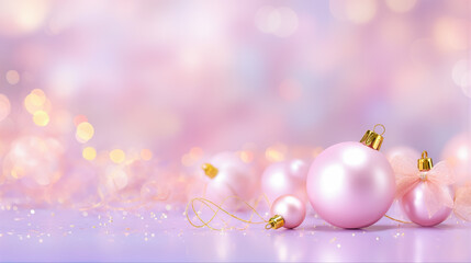 パステルピンクの背景に輝くクリスマスオーナメントと幻想的なボケ