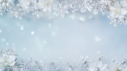 淡いブルーの背景に輝く雪の結晶と白い花で飾られた美しい冬のフレーム