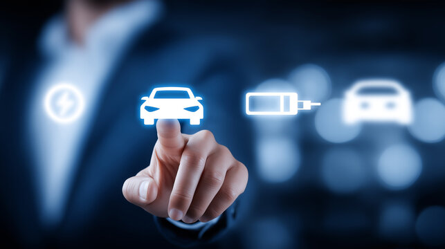 Hand Touching Electric Car Icon for Future Mobility