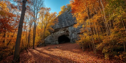 Fototapeta premium Limestone mountain cave amidst yellow leaves forest, emphasizing natural erosion processes