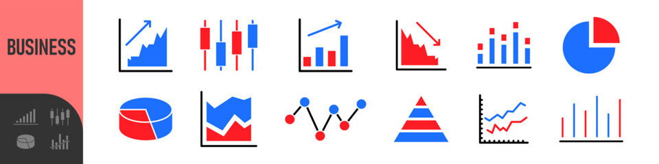 Business data charts. Diagrams and graphs. Business data market elements, statistic and data, infographics business, money, down or up, analytic report. Set of financial marketing colorful diagrams