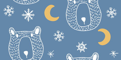 Whimsical Winter Bear and Snowflake Pattern with Crescent Moons