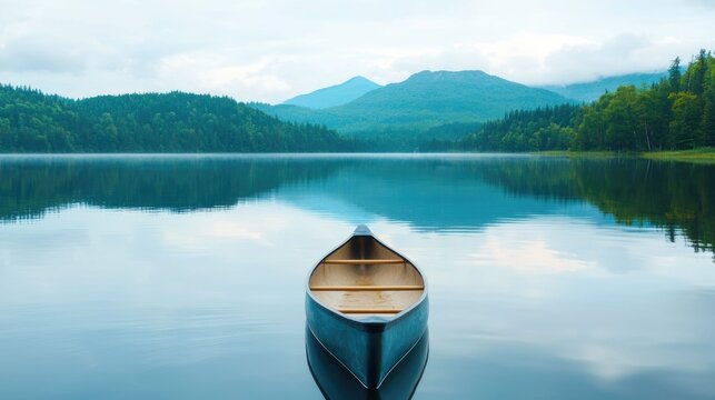 Serene and calming lake scene with a canoe gently paddling its reflection creating a peaceful contemplative atmosphere that captures the essence of mental health awareness and inner tranquility