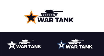 Fototapeta premium A collection of three modern 'War Tank' logo designs featuring a tank silhouette and a star in different color variations.