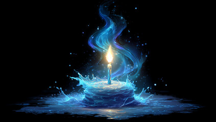 A single birthday candle atop an icy cake, surrounded by swirling blue flames on a black background, with a glowing yellow flame casting a soft light around.