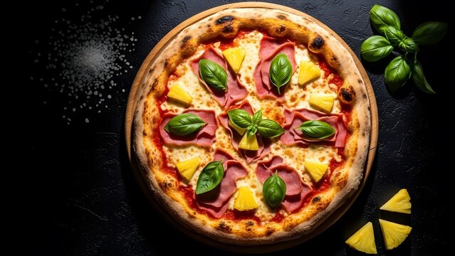 Overhead Hawaiian Pizza Close-Up Photography, Freshly Baked Pizza with Ham, Pineapple, and Basil, Golden Cheese and Tomato Sauce Pizza on Wooden Cutting Board, Dramatic Lighting High-Contrast Pizza