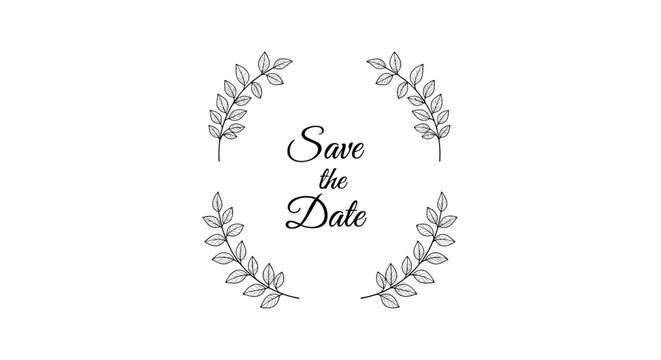A simple and elegant 'Save the Date' wedding invitation graphic with cursive text inside a hand-drawn laurel wreath frame. - Powered by Adobe
