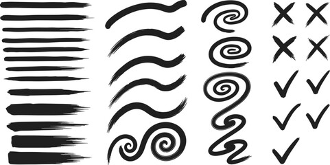 Brushstroke and symbol icon set, black and white design elements, hand-drawn marks, spiral strokes, check and X illustration