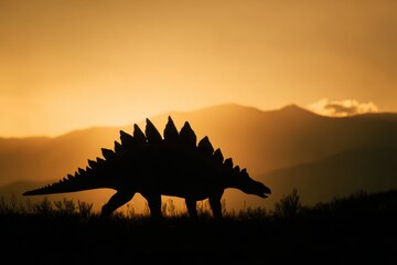 Naklejka premium A dinosaur is walking across a field at sunset
