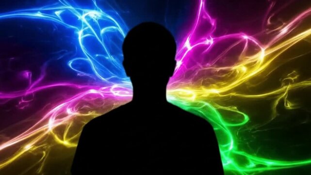 A silhouette of an individual stands against a mesmerizing backdrop of vibrant, fluid energy. Dynamic glowing waves and particles in brilliant blues, purples, pinks, yellows, and greens create an ethe