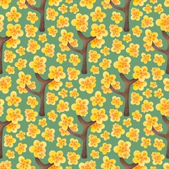Seamless Watercolor Floral Pattern, Vibrant Yellow-Orange Blossoms on Brown Branches Against Green Background, Hand Painted watercolor Style