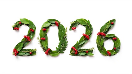 The numbers 2026 are creatively formed by fresh green leaves, pine sprigs, and vibrant red berries, suggesting a natural and festive start to the new year. Isolated on white.
