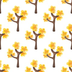 Watercolor Seamless Pattern with Delicate Yellow-Orange Blossoms on Brown Branches &mdash; Soft Pastel Hues, Hand-Painted Floral Design. flowers trees on white background