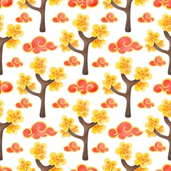 hand drawn chinese seamless pattern. Red Oriental Chinese Clouds and yellow flowers trees Pattern. Luxury elegant print for traditional Chinese New Year. Hand Drawn Japanese vintage background design