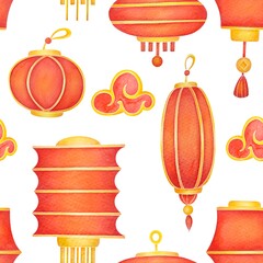 Chinese New Year seamless pattern with watercolor lanterns. Spring Festival, Lunar New Year print with red lamps on white background for fabrics, wrapping gifts, scrapbooking wallpaper, textile