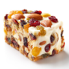 A high-resolution photo of a fruit cake slice topped with dried fruits and nuts, isolated on a clean white background, showcasing texture and detail.