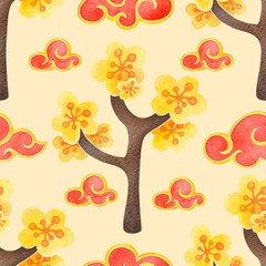 Chinese New Year seamless pattern with red clouds,  yellow flowers trees. Spring Festival, Lunar New Year print, watercolor background for fabrics, wrapping gifts, scrapbooking wallpaper, textile