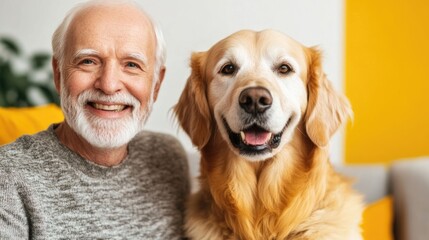 Elderly Couple Sharing a Heartwarming Moment with Their Loyal Golden Retriever Companion in Their Warm and Inviting Minimalist Living Room Showcasing the Joy of Family Togetherness and Domestic Bliss