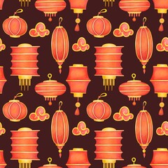 Chinese New Year seamless pattern with lanterns. Spring Festival, Lunar New Year print with red lamps. watercolor background for fabrics, wrapping gifts, scrapbooking wallpaper, textile